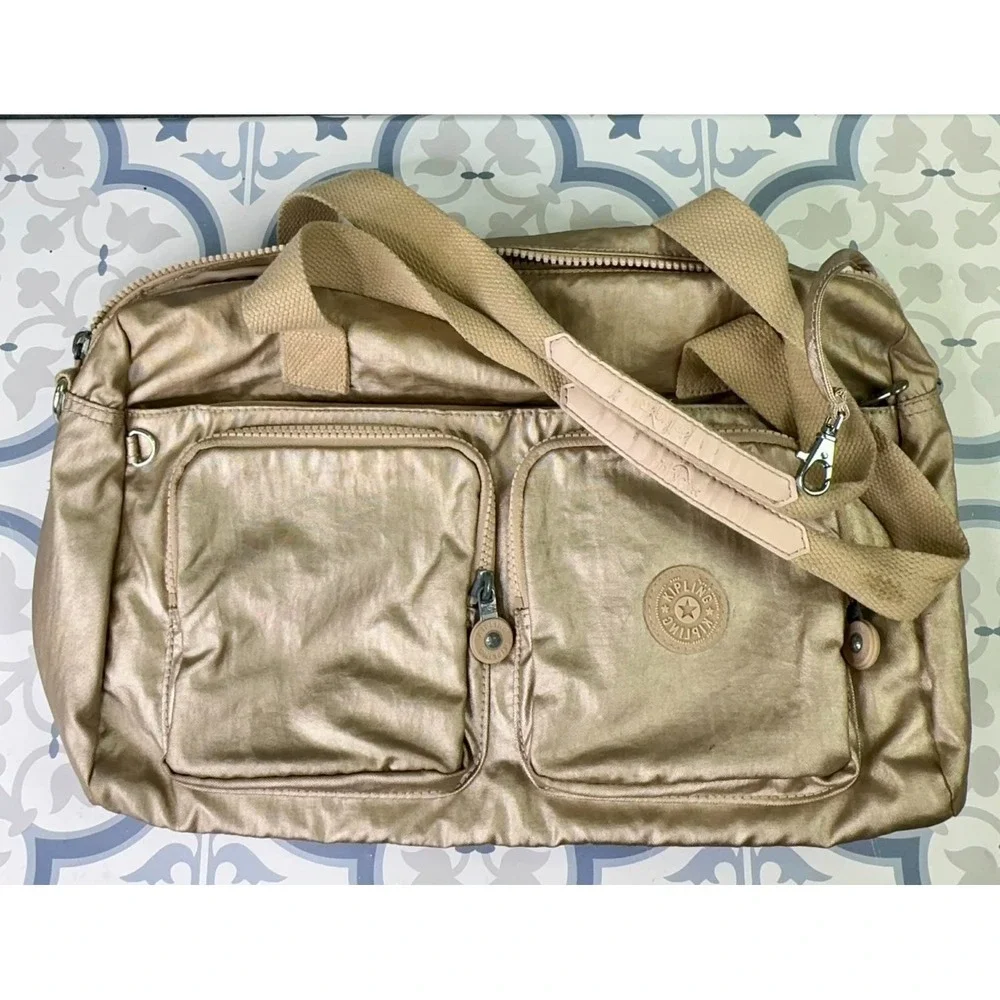 Kipling Metallic Gold Defea Handbag Nylon Tote Shoulder Bag‎ Multiple Pockets